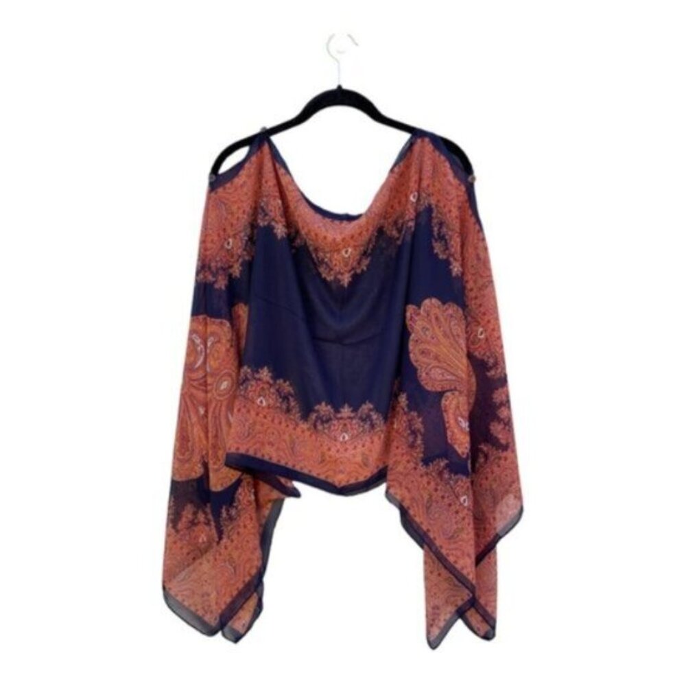 Navy Paisley Print Versatile Chiffon Kaftan Blouse / Poncho Beach Cover - Picture 2 of 5